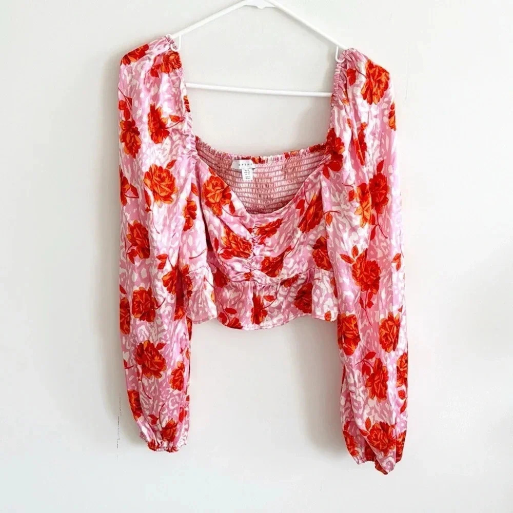 Topshop rose floral animal print pink/red ruched smocked puff sleeve top sz 12